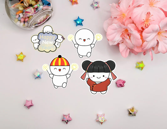 Set of 4 Cute Kawaii Lunar New Year Waterproof Glossy Vinyl Die Cut Stickers