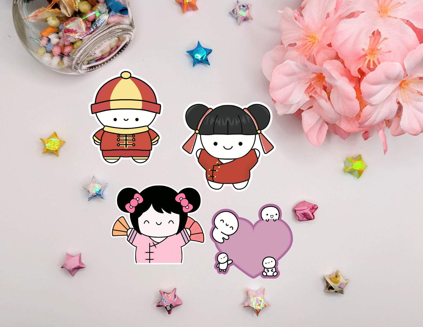 Set of 4 Cute Kawaii Lunar New Year Waterproof Glossy Vinyl Die Cut Stickers