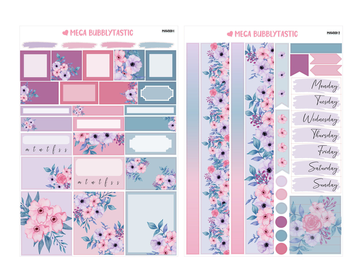 Pink and Purple Flower Theme Mini Vertical Planner Sticker Kit